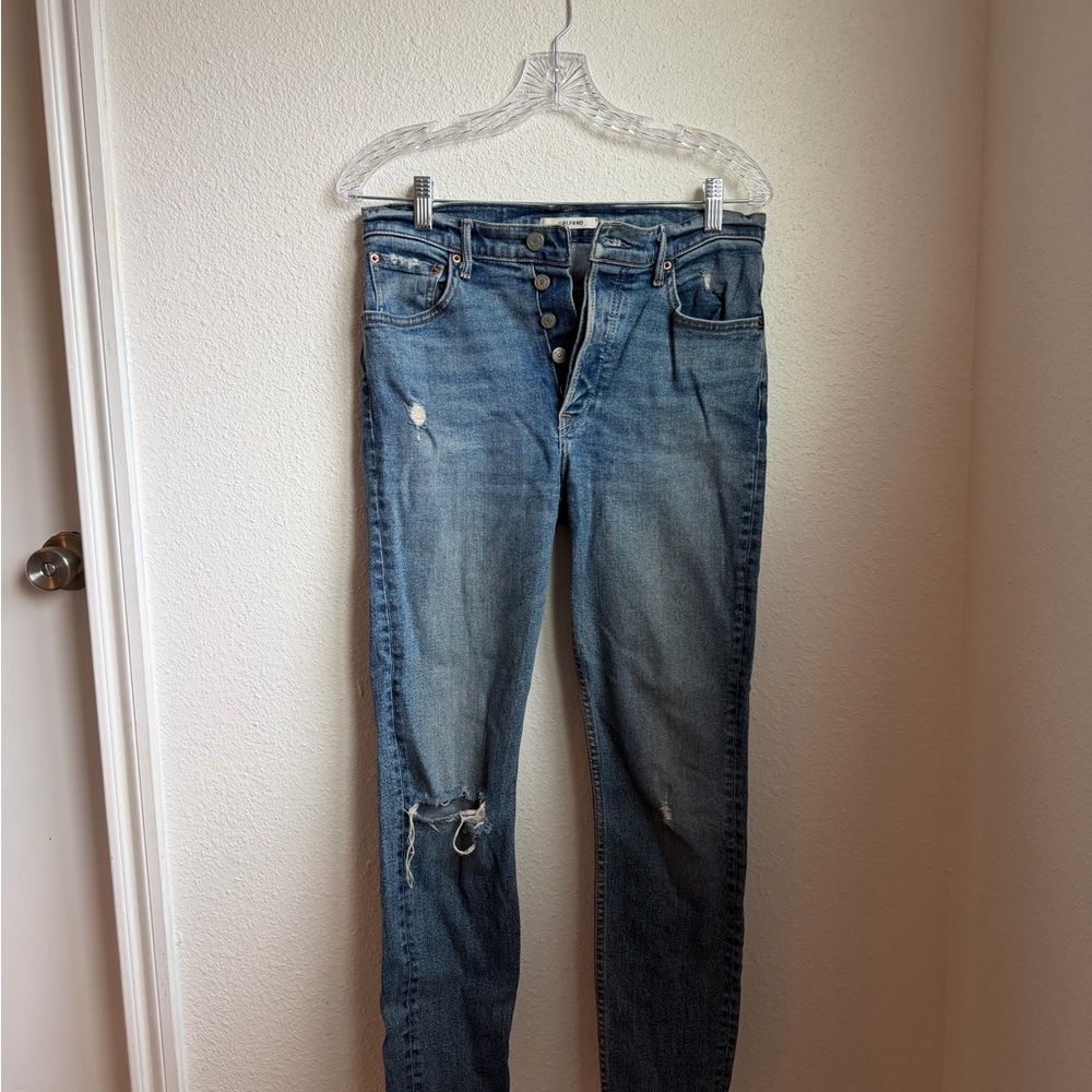 GRLFRND Skinny Button-Fly Distressed Blue Jeans